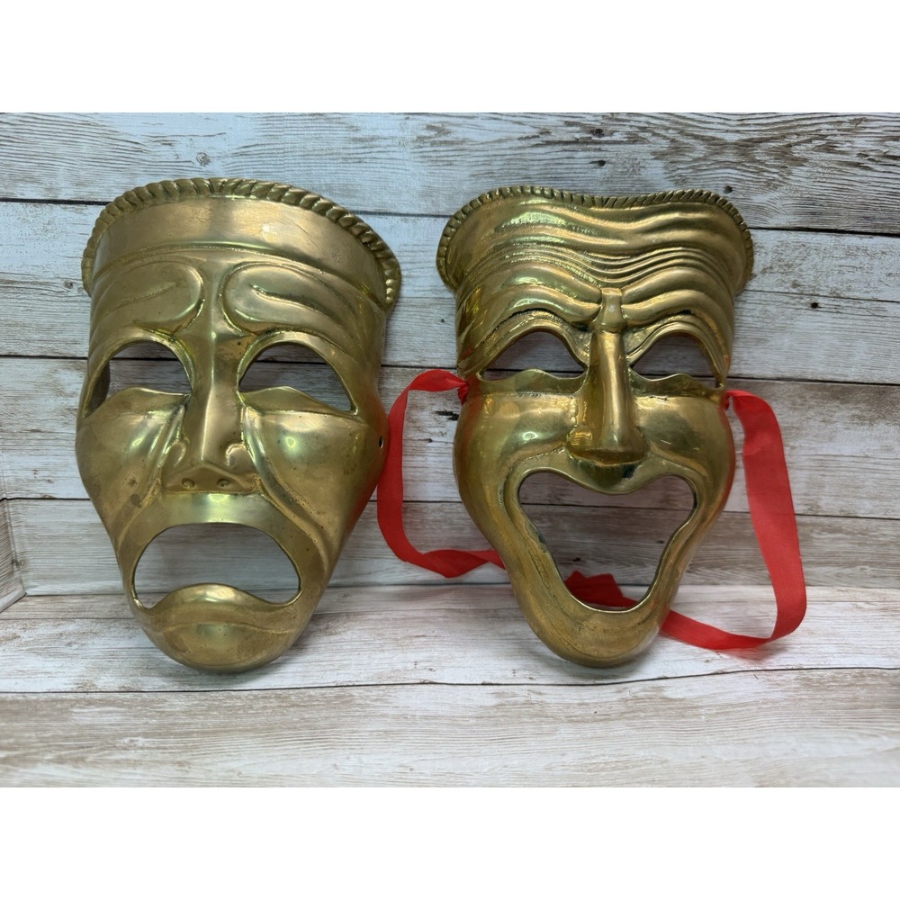 Vintage Solid Brass Tragedy & Comedy Masks Wall Set Smile Now Cry Later Masks